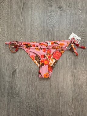 Aerie Pink Floral Tie-Side Bikini Bottoms with Orange Accents